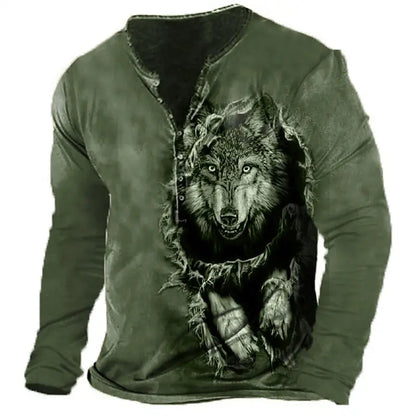 3D Wolf Men's T-Shirt - Polyester Long Sleeve Henry Collar