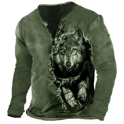 3D Wolf Men's T-Shirt - Polyester Long Sleeve Henry Collar