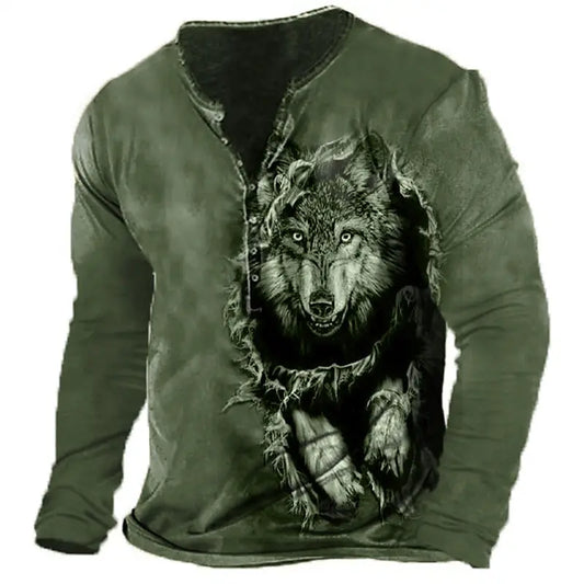3D Wolf Men's T-Shirt - Polyester Long Sleeve Henry Collar