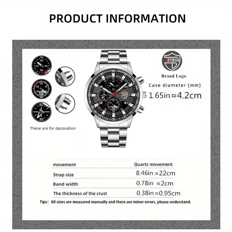 DEYROS Men's Luxury Quartz Watch - Stainless Steel Band, Numberless Dial, Bracelet Clasp