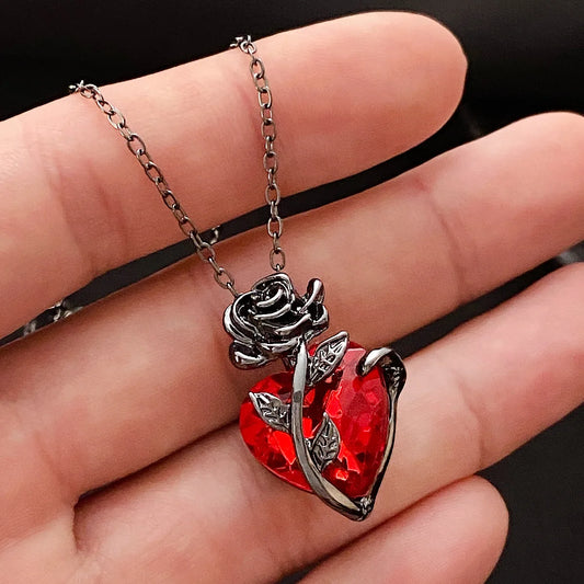 Gothic Red Rose Heart Necklace - Y2K Silver Pendant Jewelry