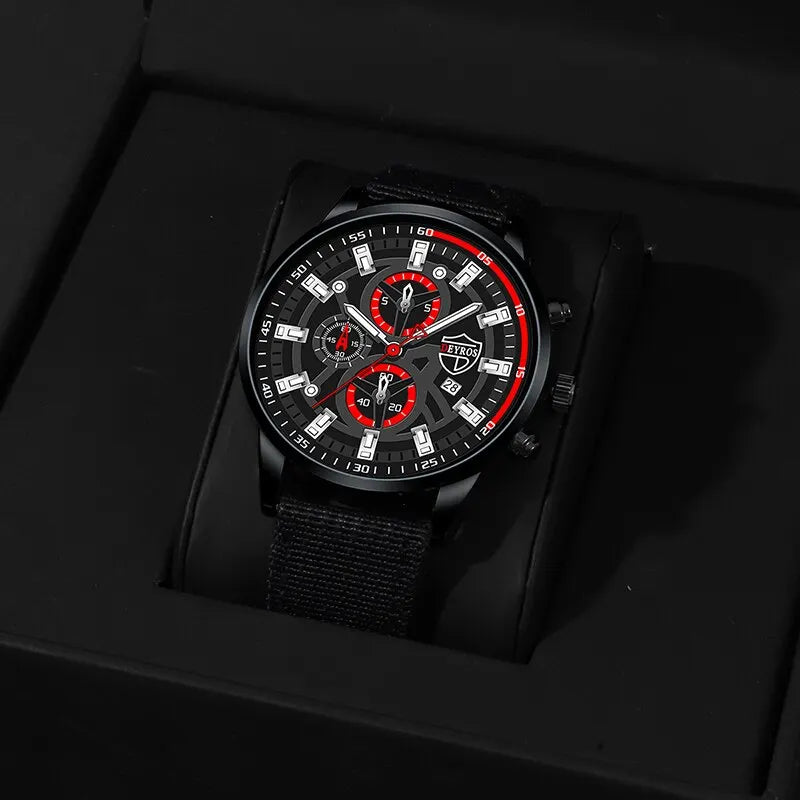 DEYROS 3pcs Men's Quartz Watch, Necklace & Bracelet Set - Nylon Band, Hardlex, Numberless Dial