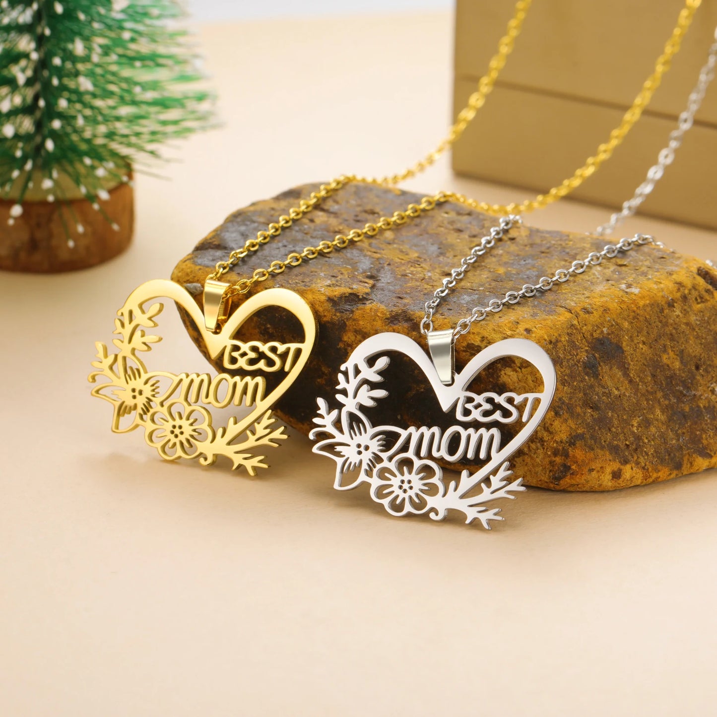 Mom Heart Flower Pendant Necklace – Stainless Steel, Gold & Silver, 45cm