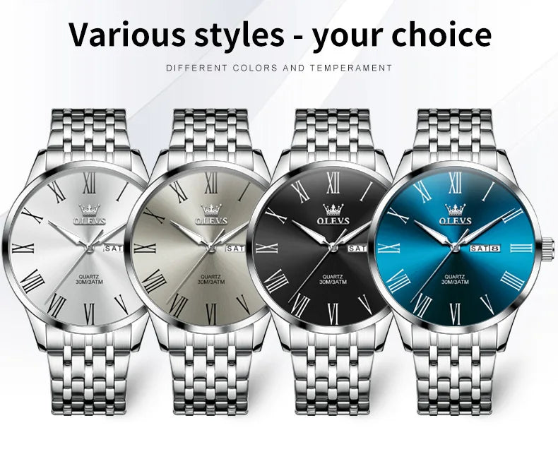 OLEVS 3633 Men's Watch - Business Simple, Waterproof, Luminous, Stainless Steel, Dual Calendar