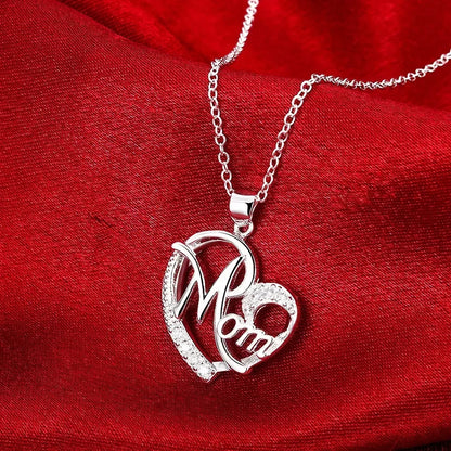 Mom Heart Pendant Necklace – 925 Sterling Silver, AAA Zircon Crystal