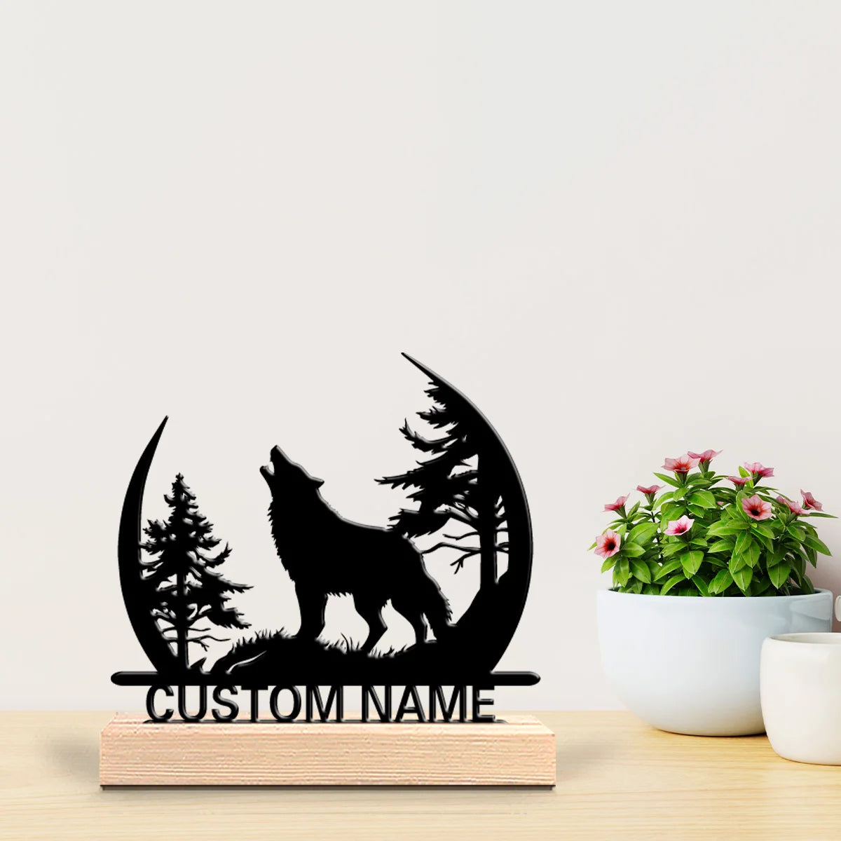 Custom Howling Wolf Metal Sculpture - 15cm with Wooden Base