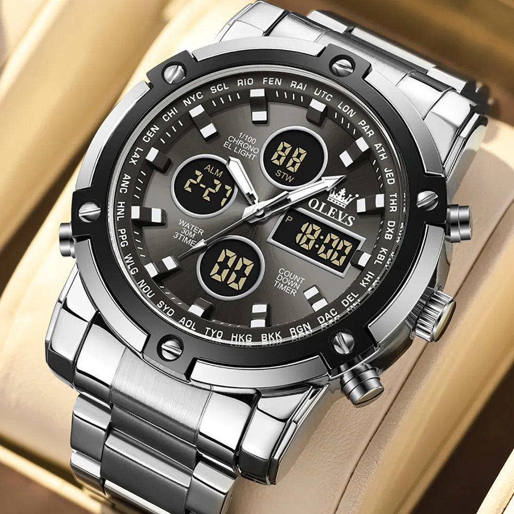 OLEVS Men’s Stainless Steel Multifunctional Analog-Digital Watch