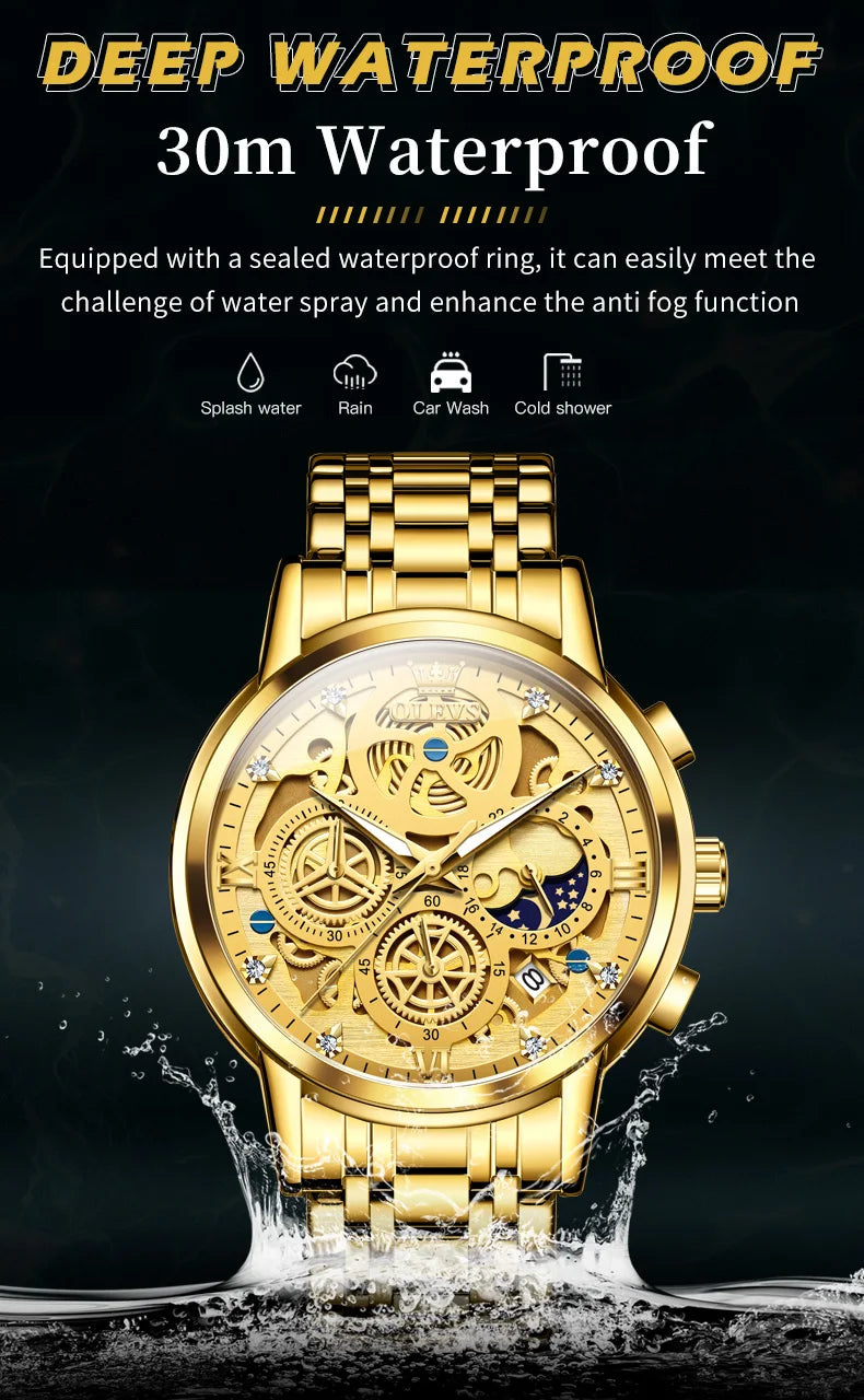 OLEVS 9947 Men's Watch - Luxury, Waterproof, Gold Skeleton, 24 Hour Day Night, Quartz
