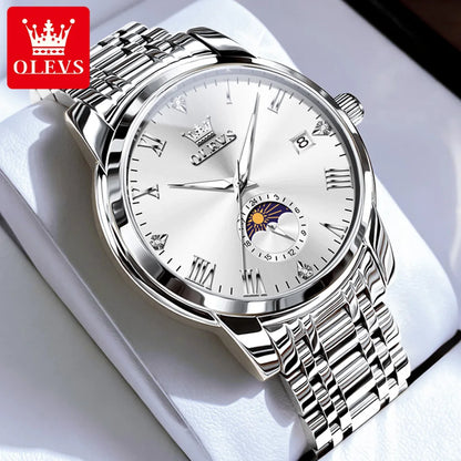 OLEVS Top Brand Men's Watches Fashion Original Quartz Watch for Man Waterproof Stainless Steel Luminous Wristwatch Moon Phase
