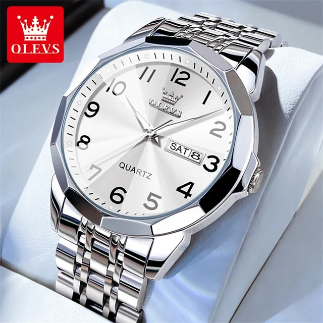 OLEVS 9970 Couple Watch - Luxury, Stainless Steel, Waterproof, Calendar, Digital Dial, Rhombus Mirror