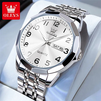 OLEVS 9970 Couple Watch - Luxury, Stainless Steel, Waterproof, Calendar, Digital Dial, Rhombus Mirror