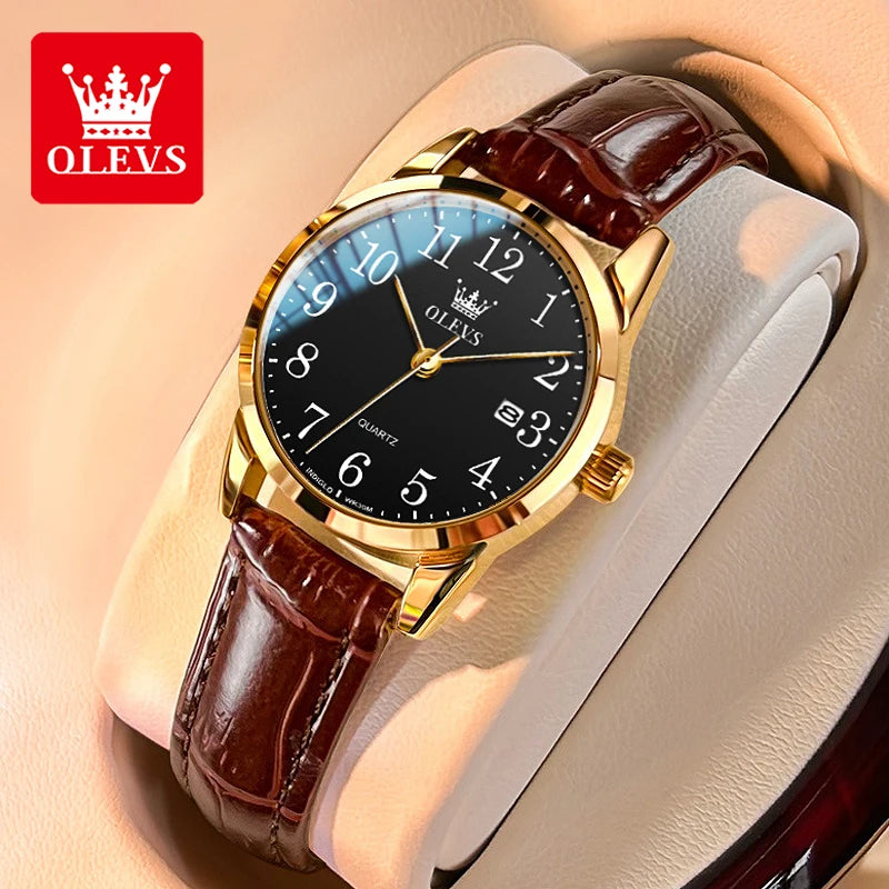 OLEVS 5566 Watch - Fashion Quartz, Leather Strap, Waterproof, Arabic Numeral, Men & Women
