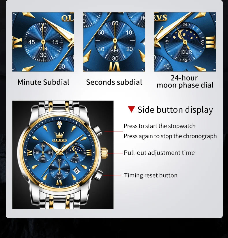 OLEVS Moon Phase Watch - Gold Blue Stainless Steel Chronograph