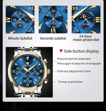 OLEVS Moon Phase Watch - Gold Blue Stainless Steel Chronograph