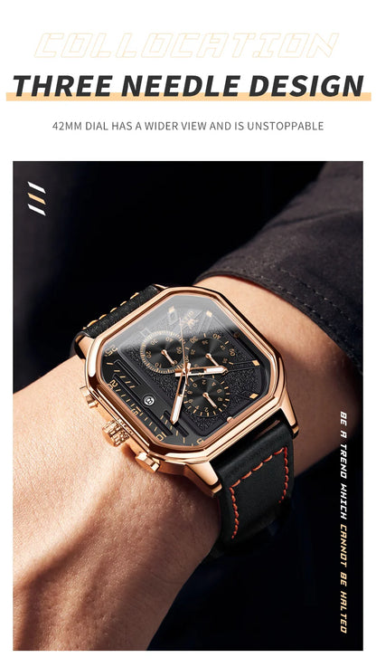 OLEVS 9950 Men's Watch - Square Sport, Waterproof, Leather Strap, Stopwatch, Backlight