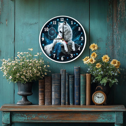 Wolf Dreamcatcher Wooden Wall Clock – Silent Quartz