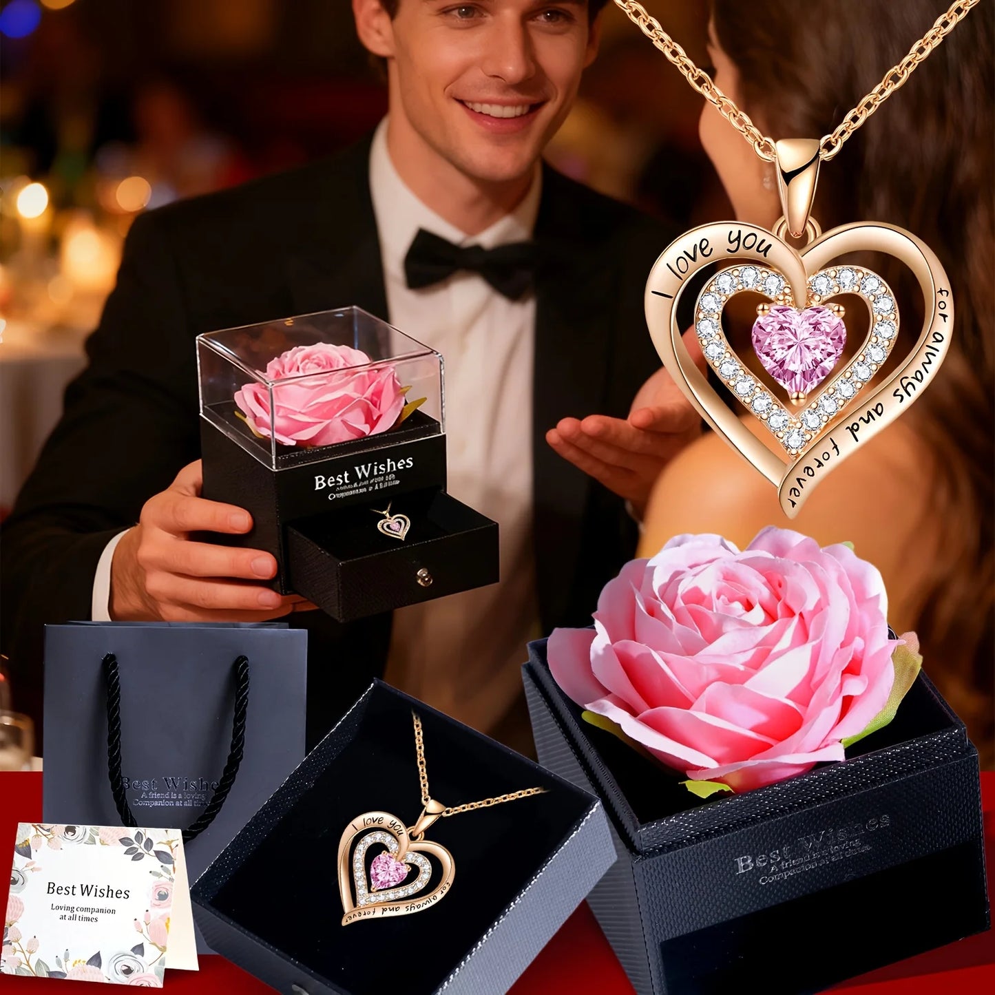 Rose Gift Set with Heart Pendant Necklace - Gift for Her
