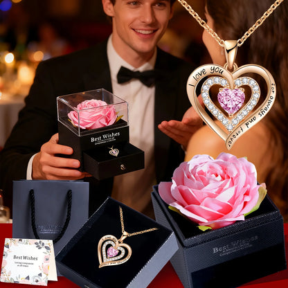Rose Gift Set with Heart Pendant Necklace - Gift for Her