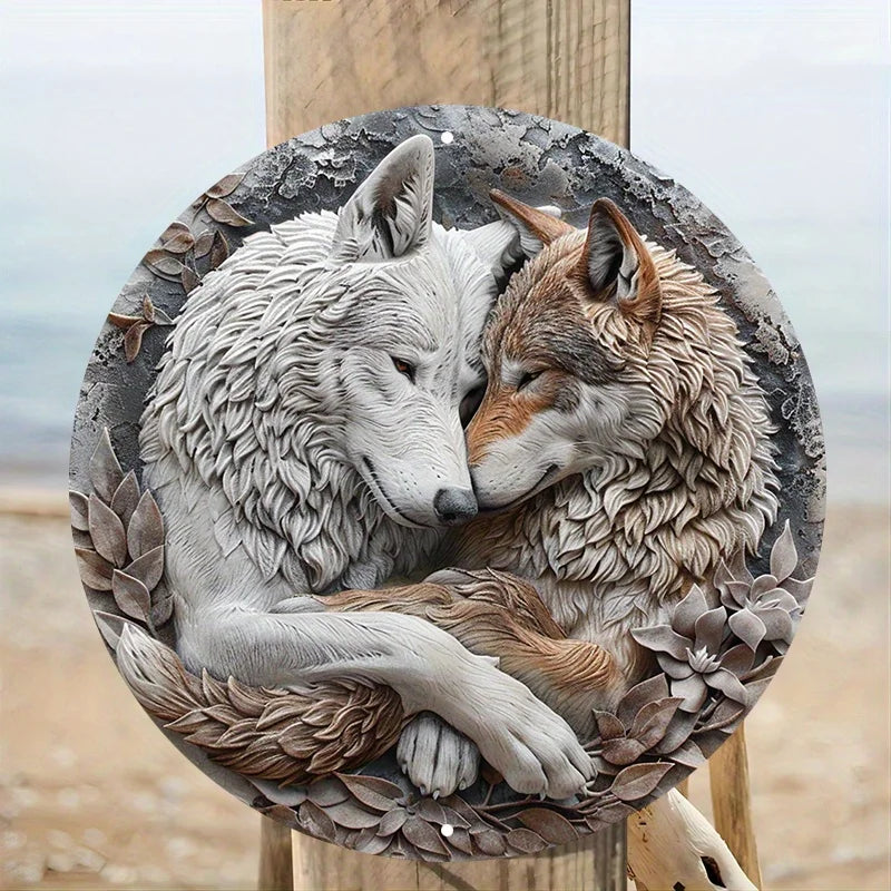 Wolf Couple Metal Wall Art - 8" Aluminum Round