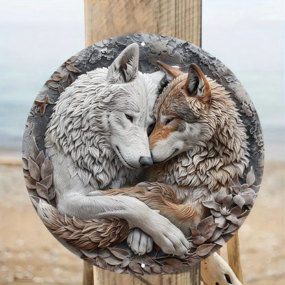 Wolf Couple Metal Wall Art - 8" Aluminum Round