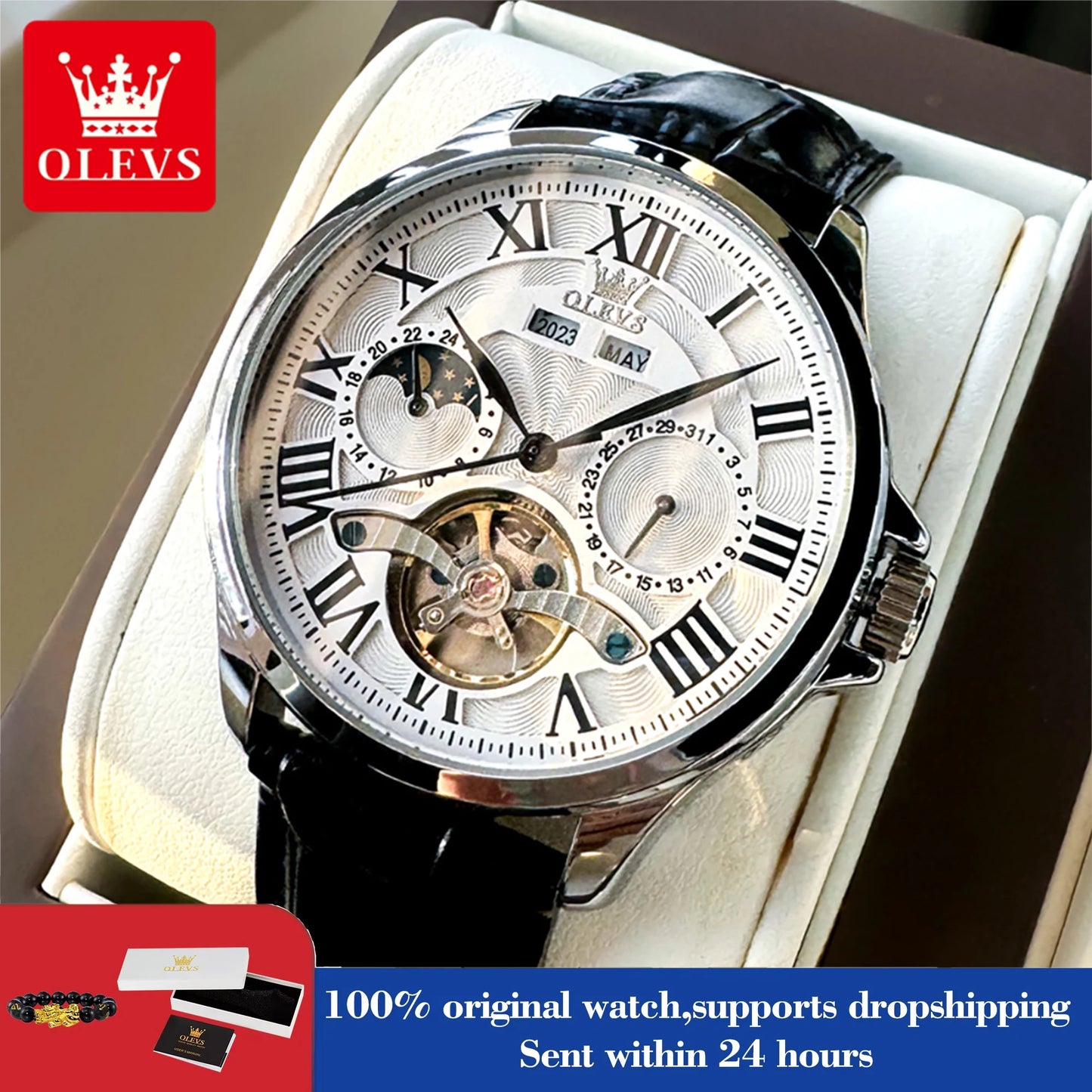 OLEVS 7013 Men's Watch - Moon Phase, Mechanical Automatic, Hollow Flywheel, Waterproof
