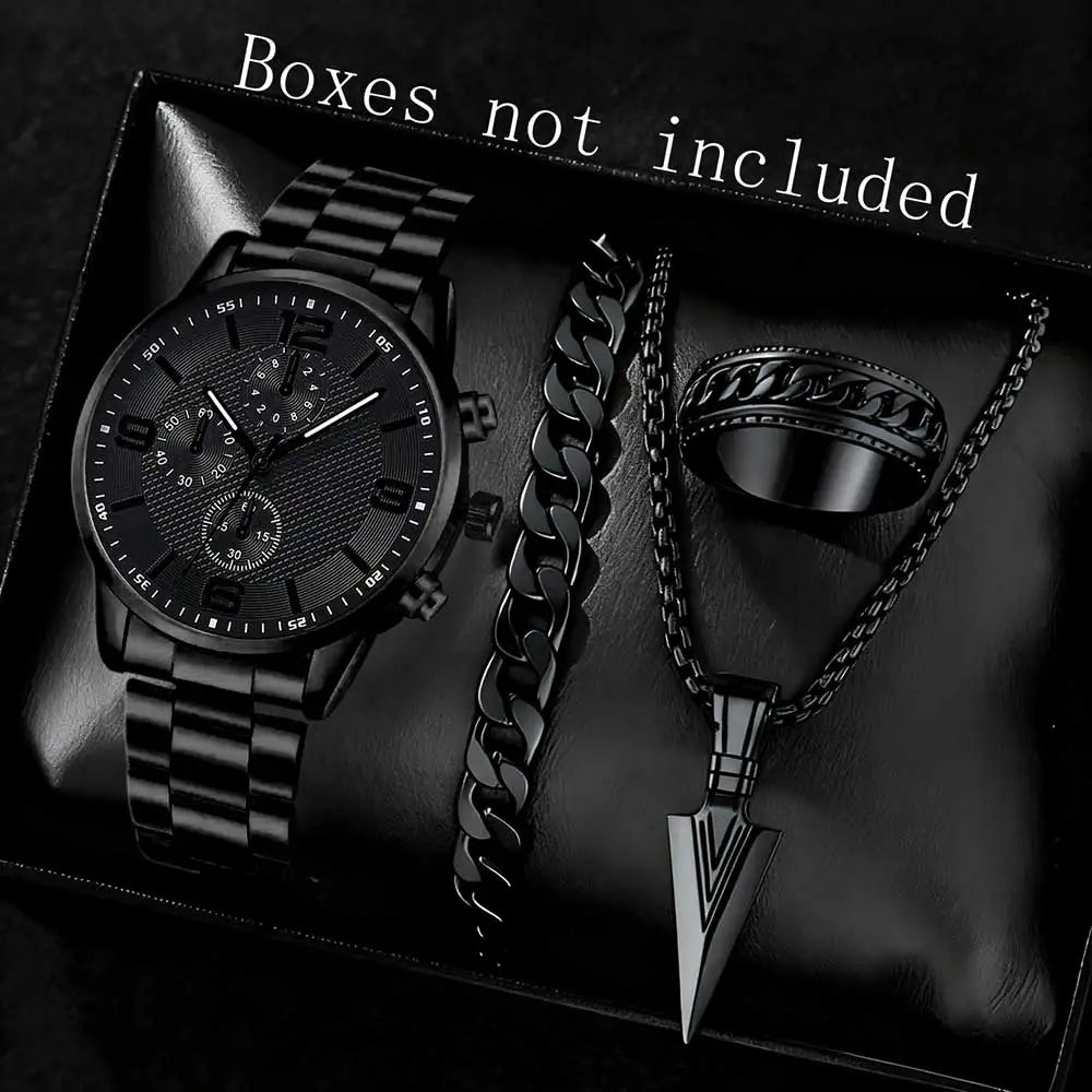 Black Men's Watch Set - Quartz Watch & Jewelry Gift Set
