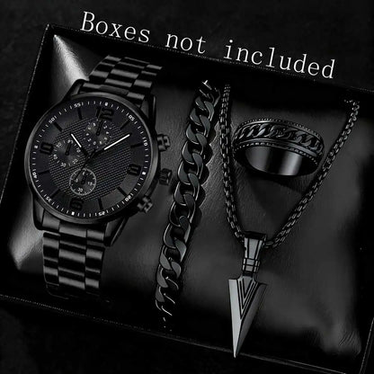 Black Men's Watch Set - Quartz Watch & Jewelry Gift Set