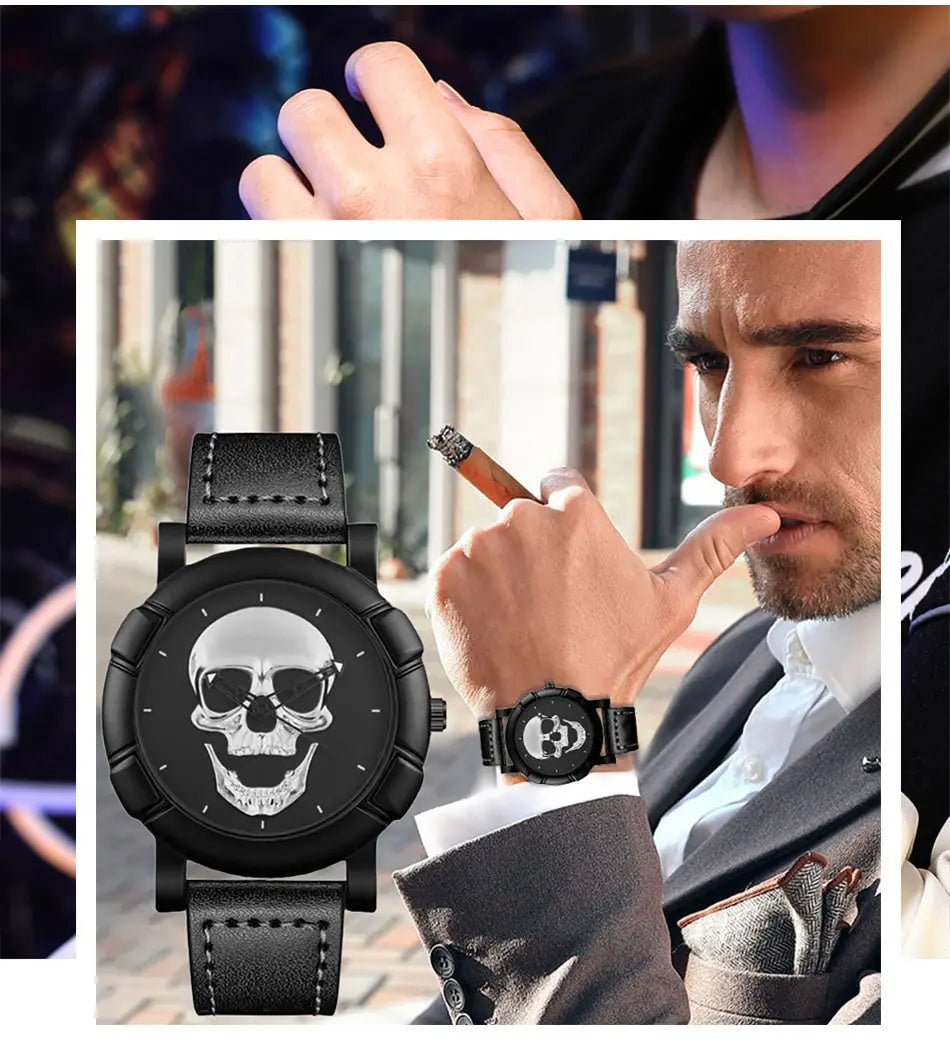 DEYROS 3pcs Men's Skull Quartz Watch Set - Watch, Necklace & Bracelet, Stainless Steel, Hardlex