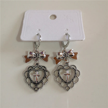 Gothic Heart Cross Bow Earrings