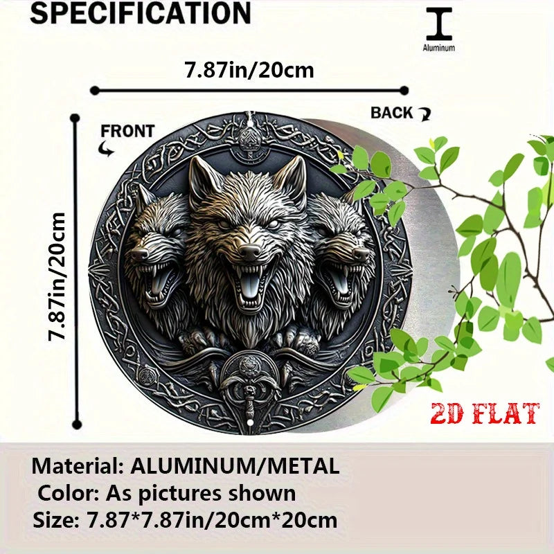 Wolf Faces Aluminum Sign - 20cm Round Celtic Knotwork Metal Wall Art