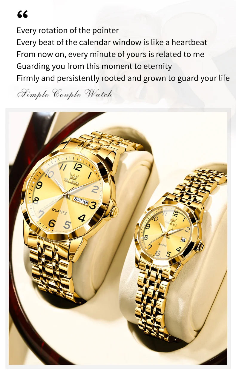 OLEVS 9970 Couple Watch - Luxury, Stainless Steel, Waterproof, Calendar, Digital Dial, Rhombus Mirror