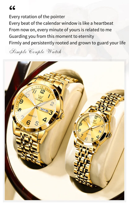 OLEVS 9970 Couple Watch - Luxury, Stainless Steel, Waterproof, Calendar, Digital Dial, Rhombus Mirror