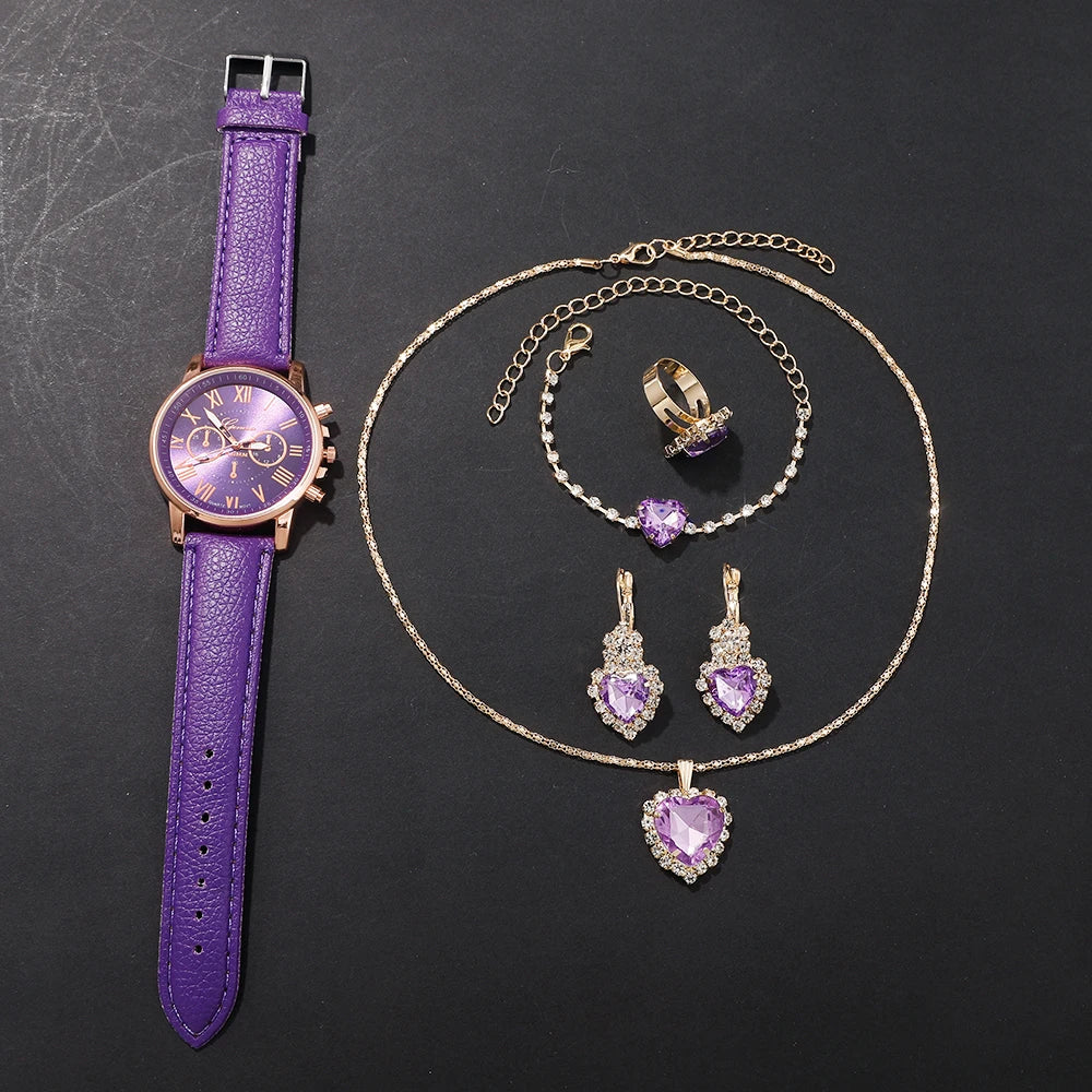 Women's Quartz Watch & Bracelet Set – Roman Numeral, Leather Band