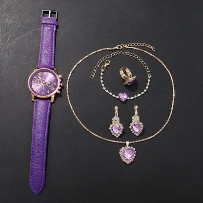 Women's Quartz Watch & Bracelet Set – Roman Numeral, Leather Band