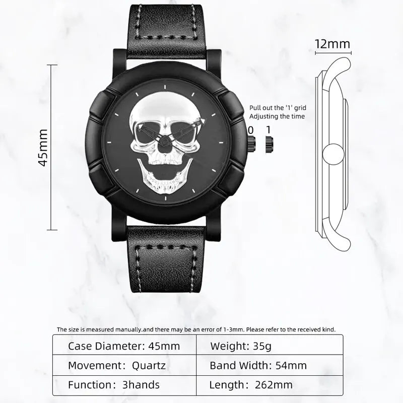 DEYROS 3pcs Men's Skull Quartz Watch Set - Watch, Necklace & Bracelet, Stainless Steel, Hardlex