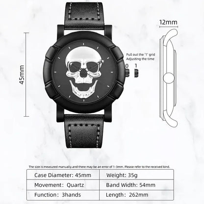DEYROS 3pcs Men's Skull Quartz Watch Set - Watch, Necklace & Bracelet, Stainless Steel, Hardlex