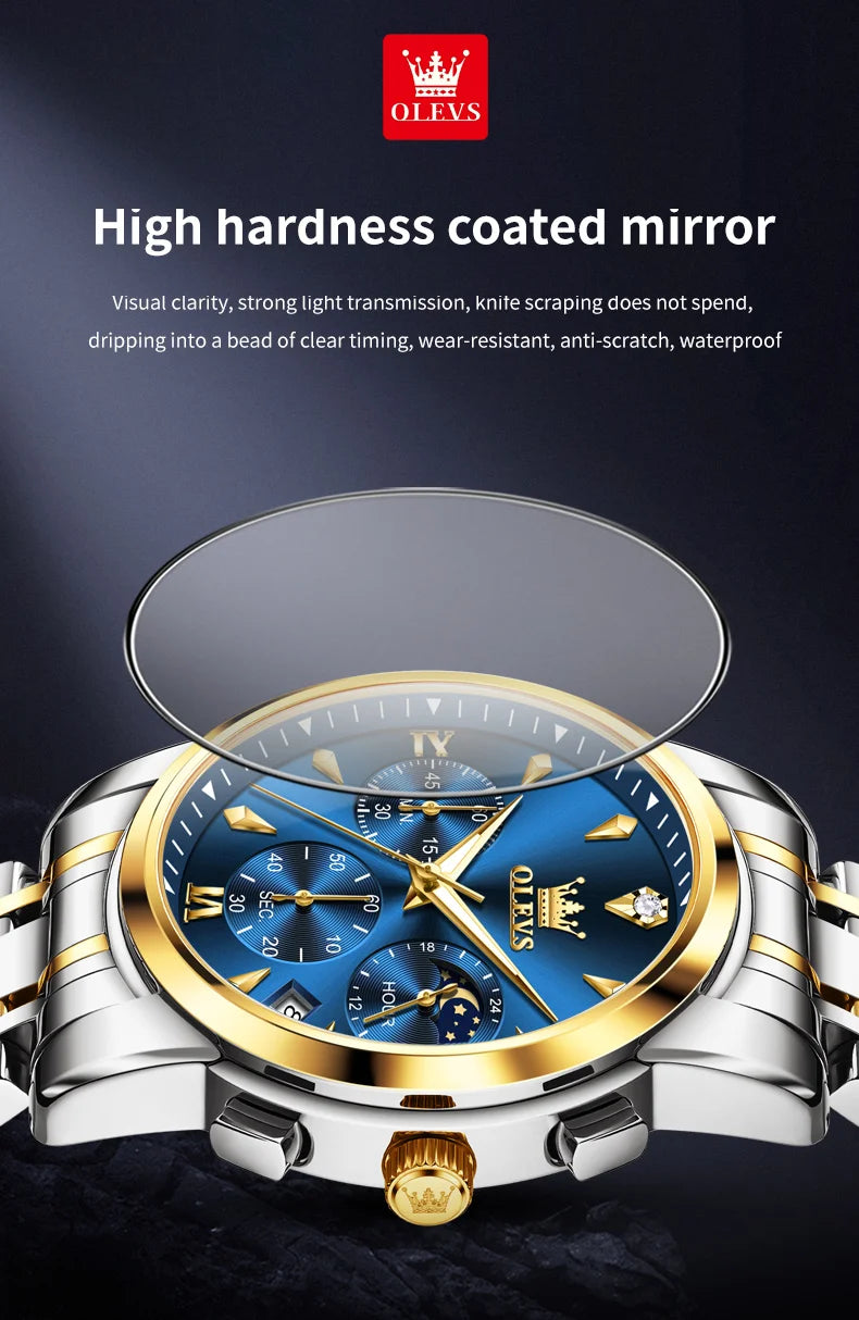 OLEVS Moon Phase Watch - Gold Blue Stainless Steel Chronograph