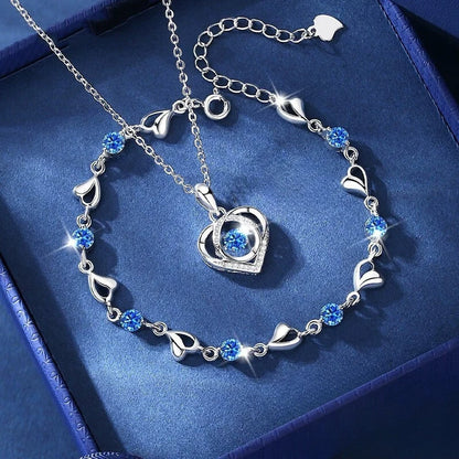 925 Sterling Silver Heart Necklace & Bracelet Set - Blue Crystal
