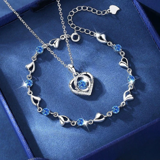 925 Sterling Silver Heart Necklace & Bracelet Set - Blue Crystal