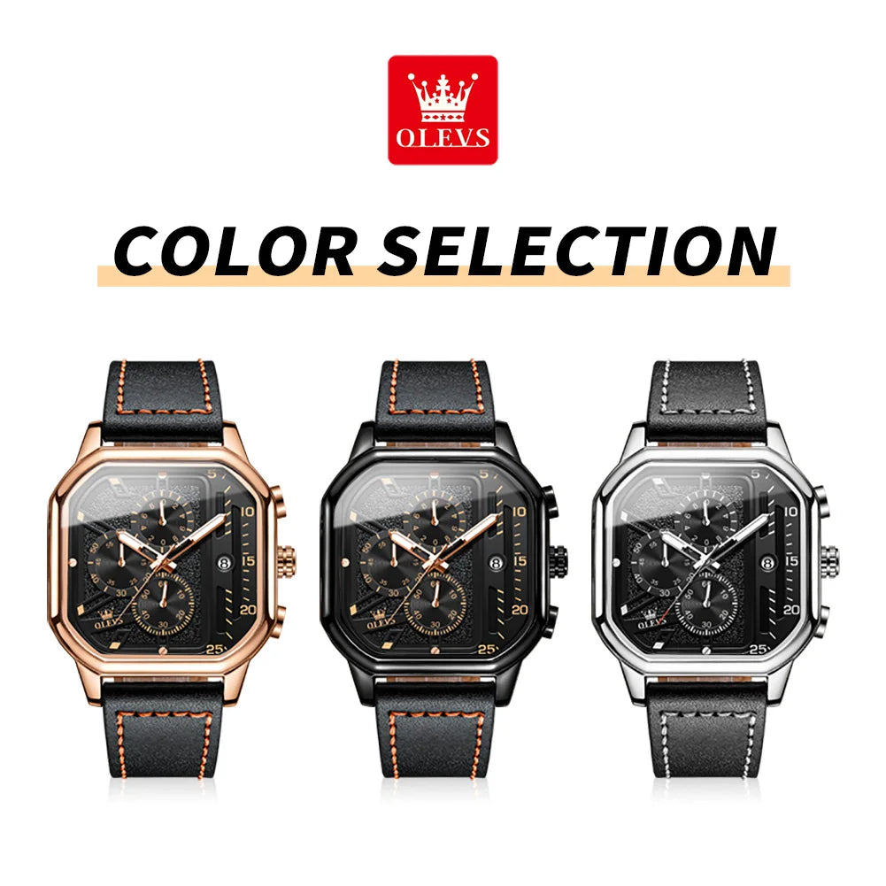 OLEVS 9950 Men's Watch - Square Sport, Waterproof, Leather Strap, Stopwatch, Backlight