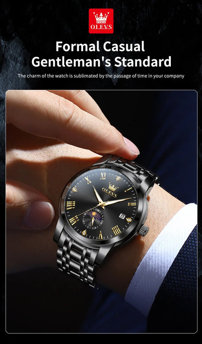 OLEVS Top Brand Men's Watches Fashion Original Quartz Watch for Man Waterproof Stainless Steel Luminous Wristwatch Moon Phase