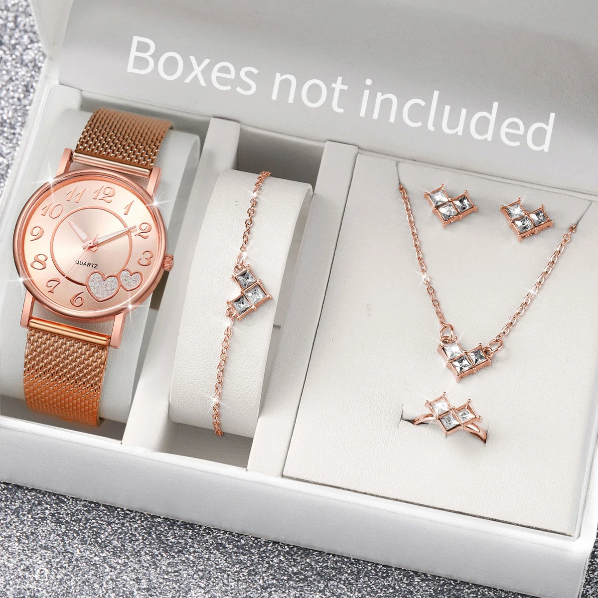 Women's Heart Dial Quartz Watch & Rhinestone Heart Jewelry Set - Plastic Band, 38mm, No Box