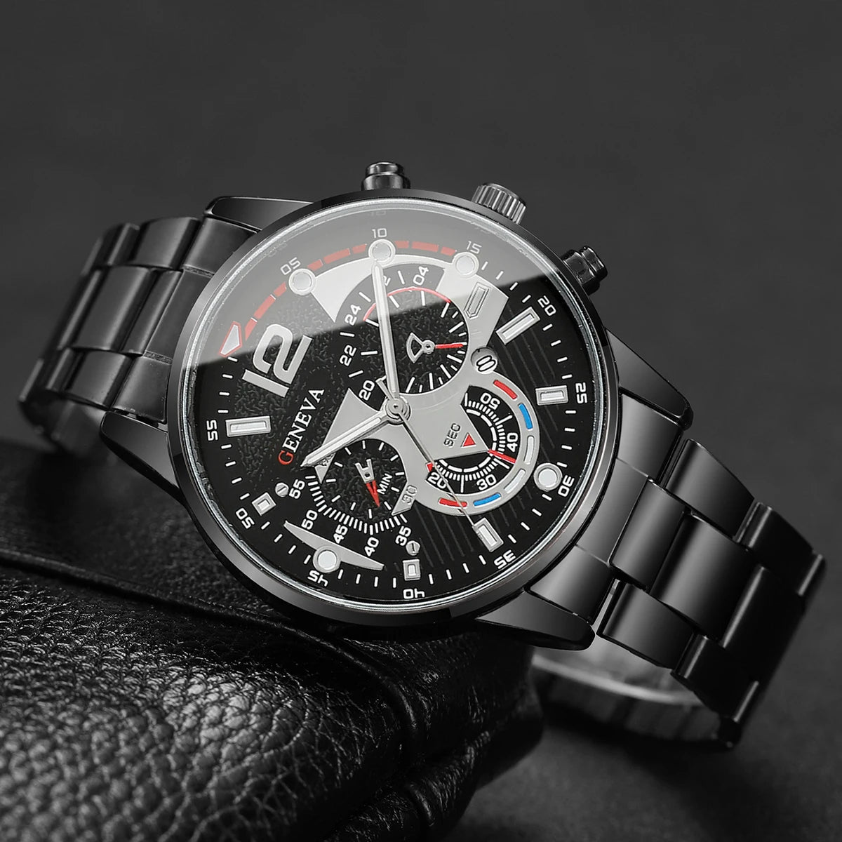 yolako 4pcs Men's Quartz Watch, Bracelet, Necklace & Ring Set - Alloy, Arabic Numeral, 40mm