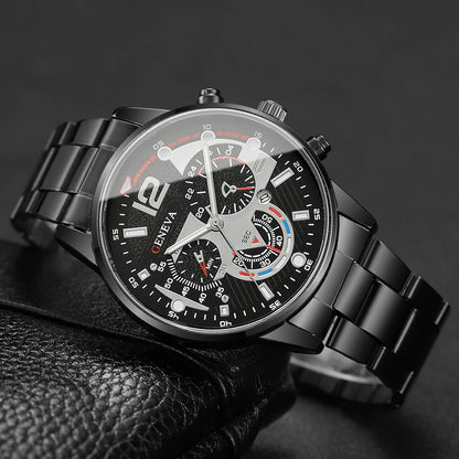 yolako 4pcs Men's Quartz Watch, Bracelet, Necklace & Ring Set - Alloy, Arabic Numeral, 40mm