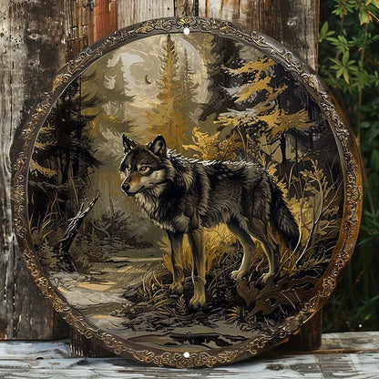Wolf in Forest Aluminum Metal Wall Art - Round Sign, Waterproof