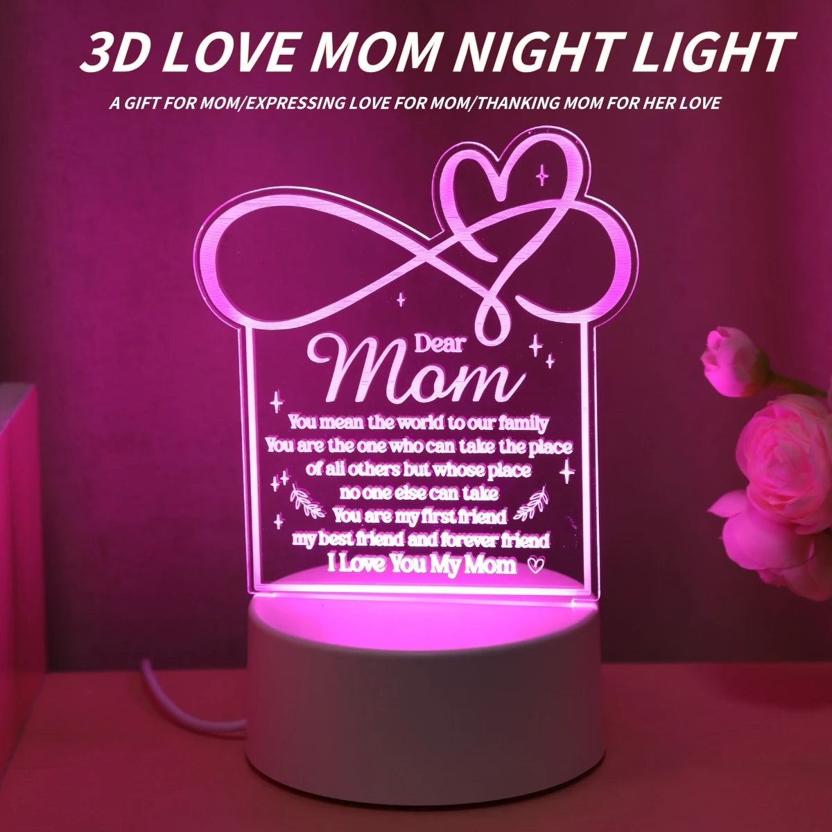 Love Mom USB Night Light – Card Shape, Pink Glow
