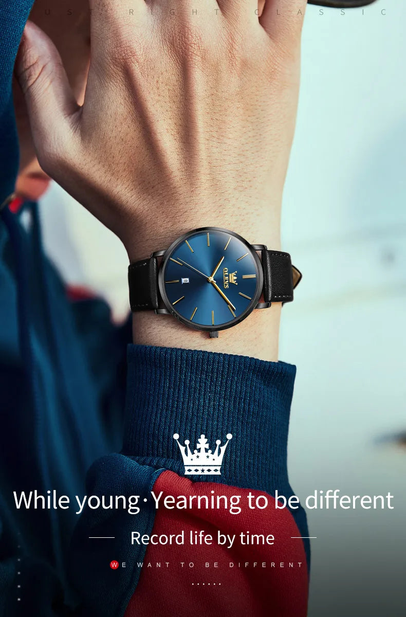 OLEVS 5869 Men's Watch - Ultra Thin 6.5mm, Minimalist, Leather Strap, Waterproof, Auto Date