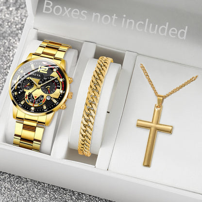 yolako 3pcs Men's Quartz Watch, Necklace & Bracelet Set - Stainless Steel, Numberless Dial, 42mm