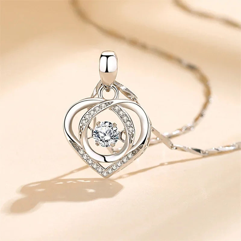 925 Sterling Silver Heart Necklace & Bracelet Set - Blue Crystal
