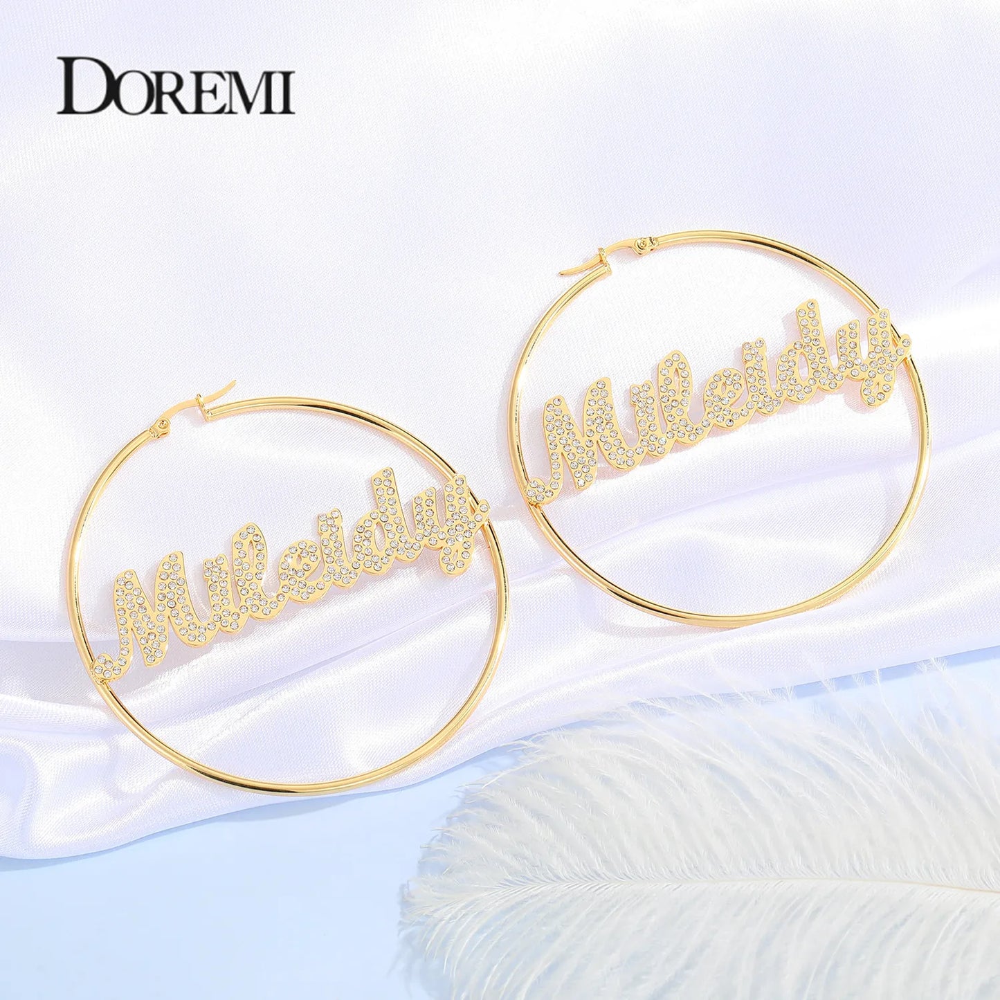 Custom Name Hoop Earrings - Stainless Steel with Crystals